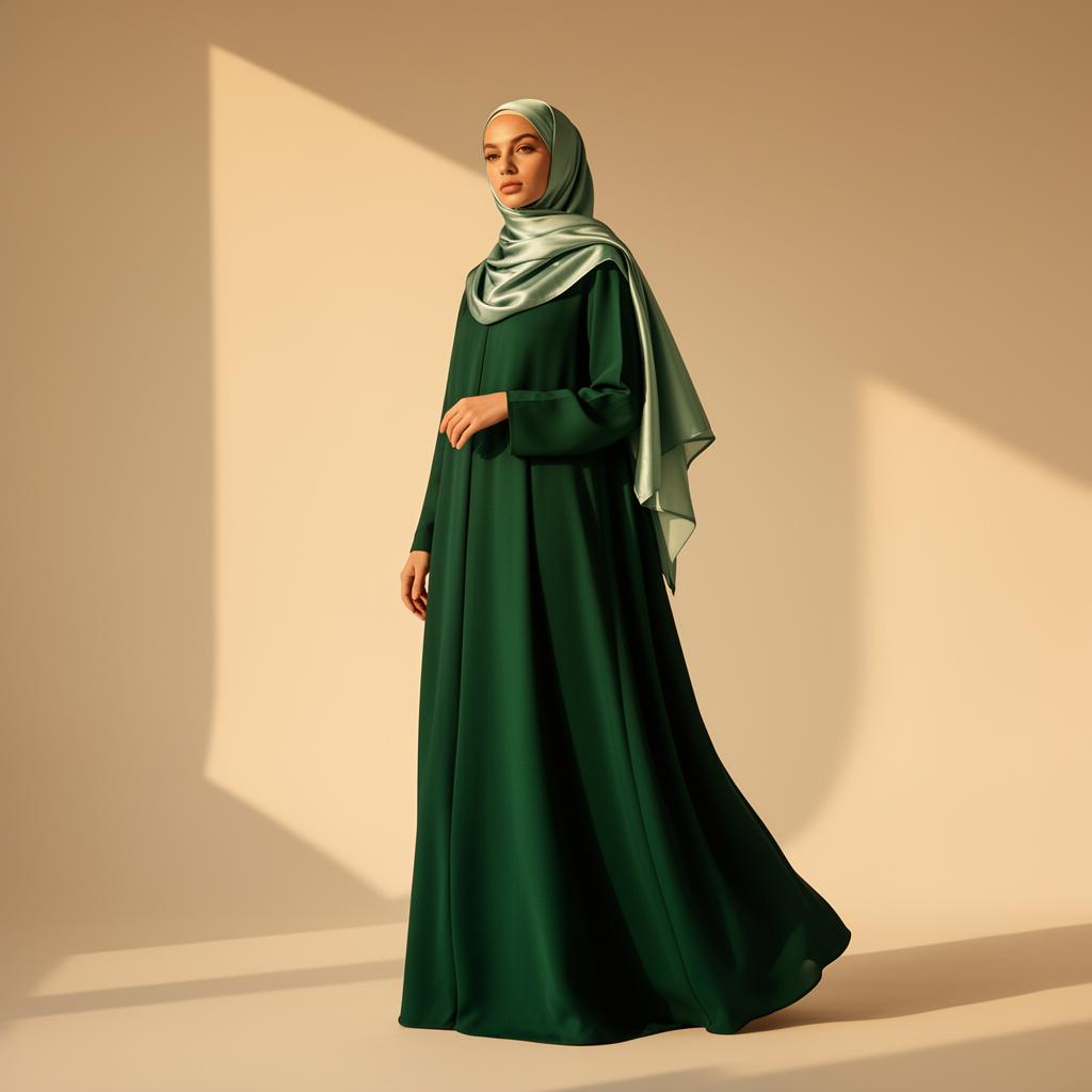 Elegant model wearing a flowing emerald green abaya and silk hijab